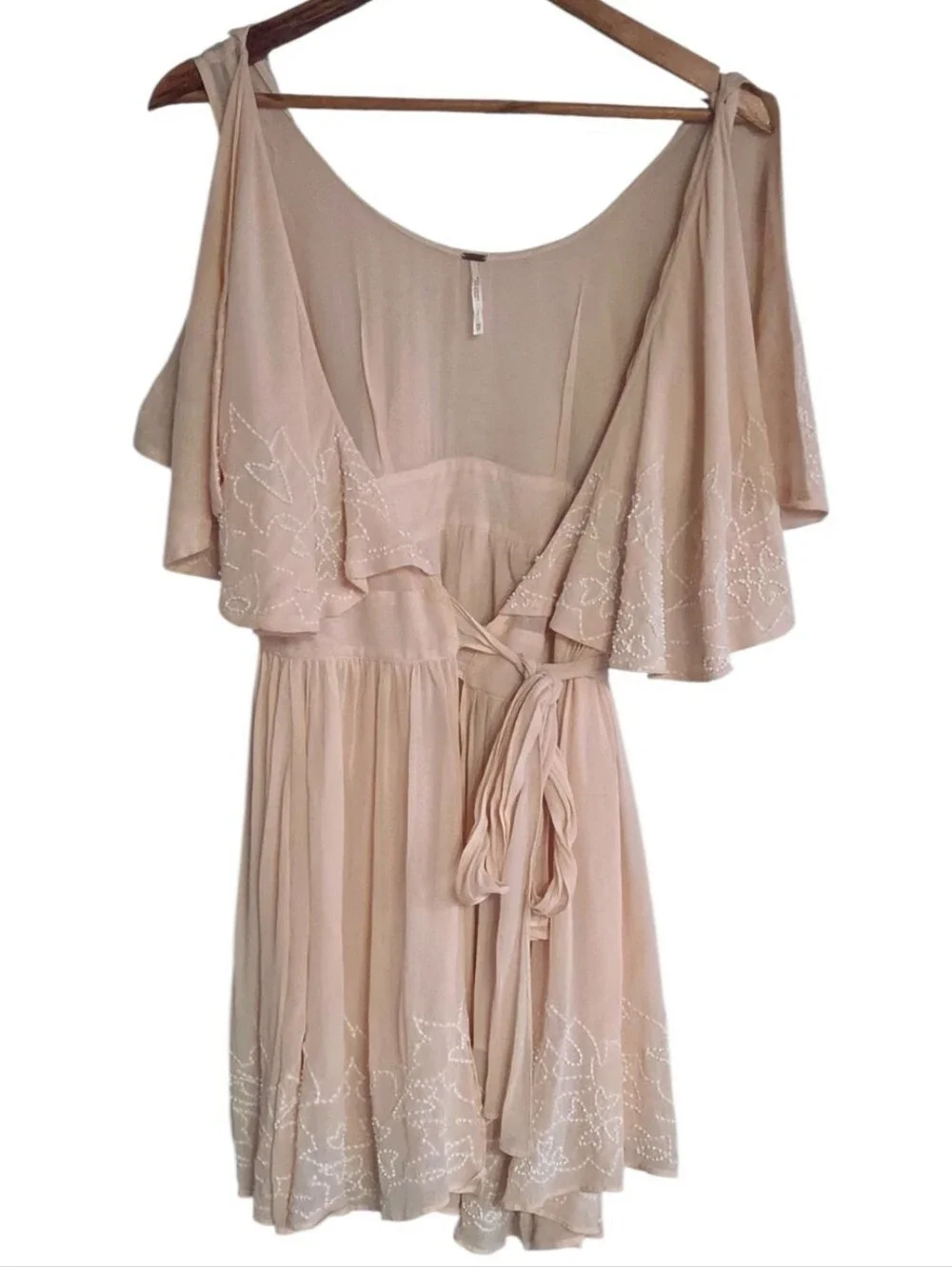 Free People Sylvia Wrap Mini Dress Deep V Overlay Beading Accent Lined Pink XS